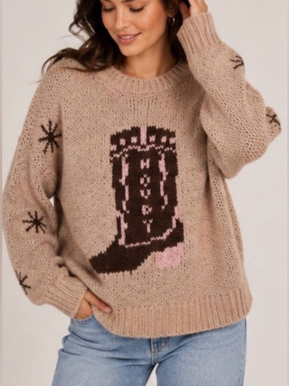 Western Cowboy Boots Graphic Oversized Knit Sweater Taupe Large Boho